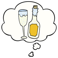 cartoon champagne bottle and glass and thought bubble
