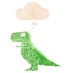 cartoon dinosaur and thought bubble in retro textured style