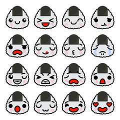 Set of Emoji Onigiri icons with different emotions Vector illustration