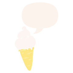 cartoon ice cream and speech bubble in retro style