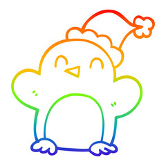 rainbow gradient line drawing cartoon penguin wearing christmas hat