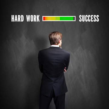 successful businessman standing in front of a blackboard with a loading bar showing progress from hard work to success