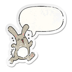cartoon rabbit and speech bubble distressed sticker
