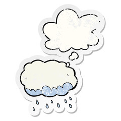 cartoon rain cloud and thought bubble as a distressed worn sticker