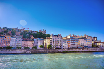 A view of Lyon, France along the Saone river in the afternoon.