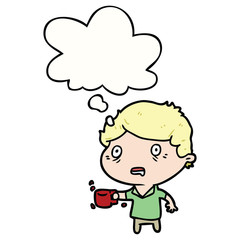 cartoon man with cup of coffee and thought bubble