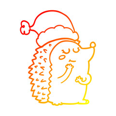 warm gradient line drawing cartoon hedgehog wearing christmas hat