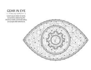 Gear in the eye low poly design, settings or mechanism in a polygonal style, view viewing wire frame vector illustration on a white background