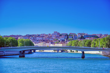 A view of Lyon, France along the Saone river in the afternoon.