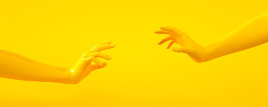 3d rendering illustration of yellow hands. Human body parts. Concept scene for graphic design projects. Shiny plastic glossy material. Horizontal orientation banner. Template for social media and web 