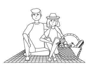 Couple of woman and man having picnic design