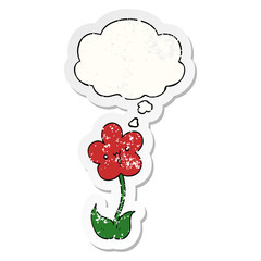 cartoon flower and thought bubble as a distressed worn sticker