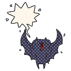 cartoon happy vampire bat and speech bubble in comic book style