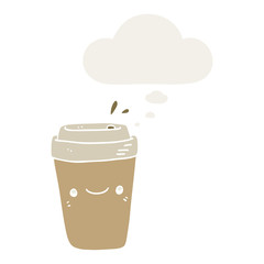 cartoon takeaway coffee and thought bubble in retro style