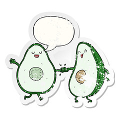 cartoon dancing avocados and speech bubble distressed sticker