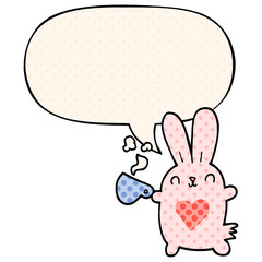 cute cartoon rabbit and love heart and coffee cup and speech bubble in comic book style