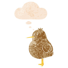 cartoon kiwi bird and thought bubble in retro textured style