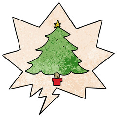 cartoon christmas tree and speech bubble in retro texture style