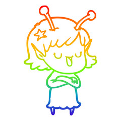 rainbow gradient line drawing happy alien girl cartoon