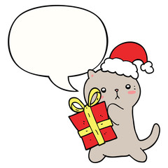 cute cartoon cat carrying christmas present and speech bubble