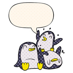 cartoon happy penguins and speech bubble in comic book style