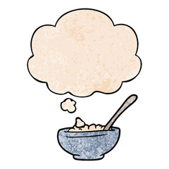 cartoon bowl of rice and thought bubble in grunge texture pattern style