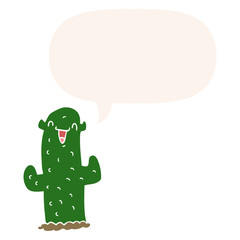 cartoon cactus and speech bubble in retro style