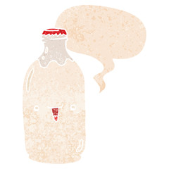 cute cartoon milk bottle and speech bubble in retro textured style