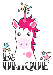 Hand draw unicorn illustration in cartoons style  with motivation quotes be unique for postcard, posters, t-shirts, web banners or another your design.
