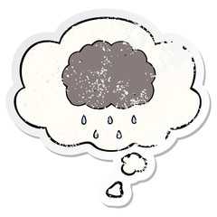cartoon cloud raining and thought bubble as a distressed worn sticker