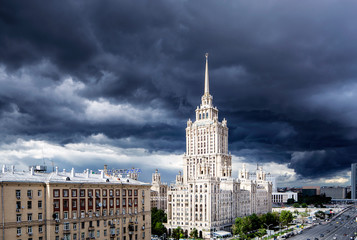 Moscow. View of the Stalin high-rise. A stormy sky over Moscow.