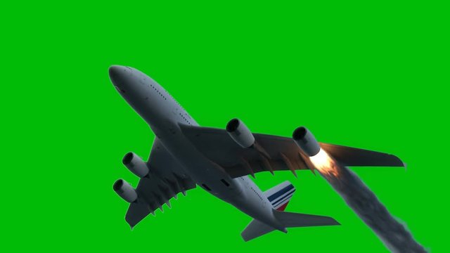 The engine of the aircraft caught fire and burns with the release of black smoke in front of a green screen.. Cinematic 3D animation.