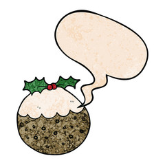 cartoon christmas pudding and speech bubble in retro texture style
