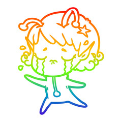 rainbow gradient line drawing cartoon crying alien girl