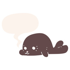 cartoon baby seal and speech bubble in retro style