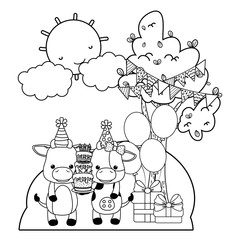 Bull and cow with happy birthday icon design