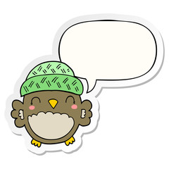 cute cartoon owl in hat and speech bubble sticker