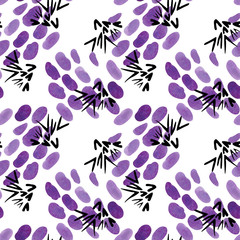 Seamless abstract pattern of purple spots and black check marks. Watercolor illustration.