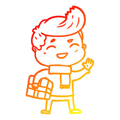 warm gradient line drawing cartoon man laughing carrying parcel