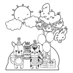 Cat and dog with happy birthday icon design