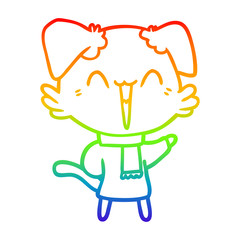 rainbow gradient line drawing happy little cartoon dog in winter clothes