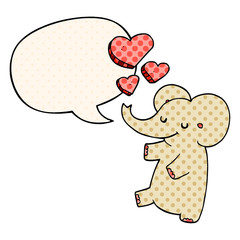 cartoon elephant and love hearts and speech bubble in comic book style