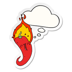 cartoon flaming hot chili pepper and thought bubble as a printed sticker