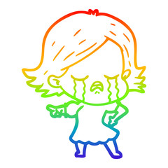 rainbow gradient line drawing cartoon girl crying and pointing