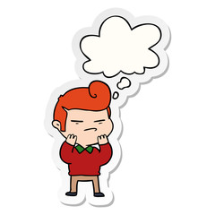 cartoon cool guy with fashion hair cut and thought bubble as a printed sticker