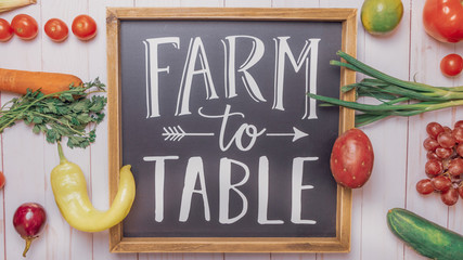 Farm to Table sign with fruits and vegetables