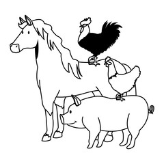 farm, animals and farmer cartoon in black and white