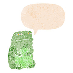 cartoon smug toad and speech bubble in retro textured style