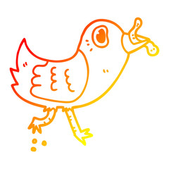 warm gradient line drawing cartoon bird with worm