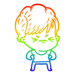 rainbow gradient line drawing cartoon frustrated woman